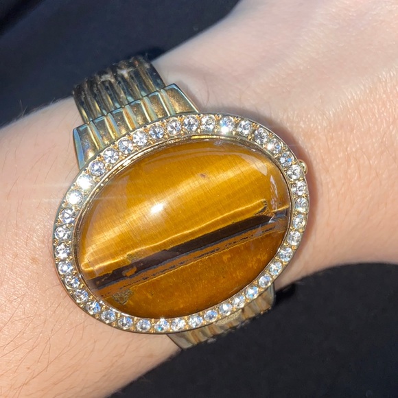 VINTAGE GENEVA Tigers Eye Gemstone bangle Bracelet Cuff watch Quartz Custom - Picture 1 of 16